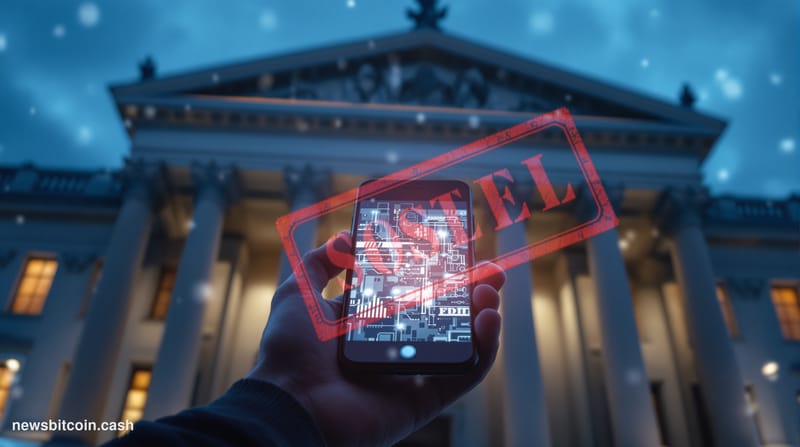 Cinematic photorealistic editorial photograph of a stern Russian government building — think the imposing neoclassical granit