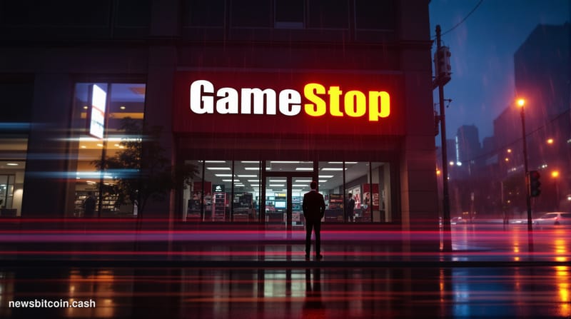 A cinematic photorealistic editorial photograph of a GameStop retail storefront in a moody, rain-slicked urban shopping distr