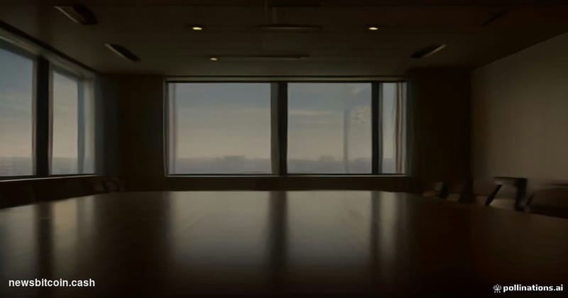 A cinematic photorealistic editorial photograph set inside a dimly lit corporate boardroom, shot from a low angle looking up 