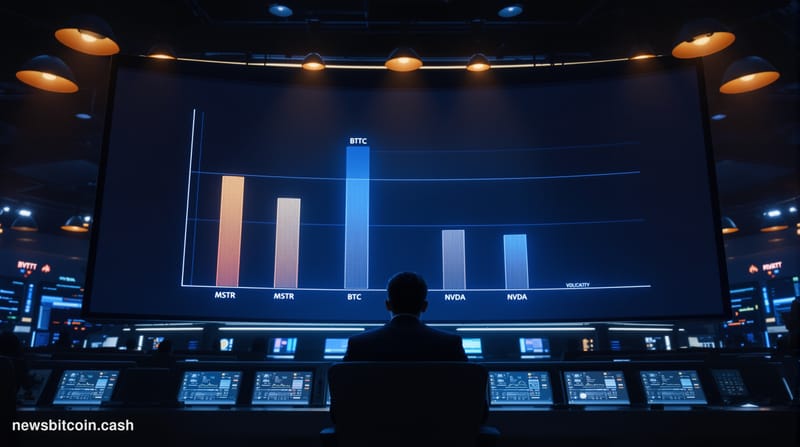 A cinematic photorealistic editorial photograph set inside a dimly lit financial trading floor at night, with large curved mo
