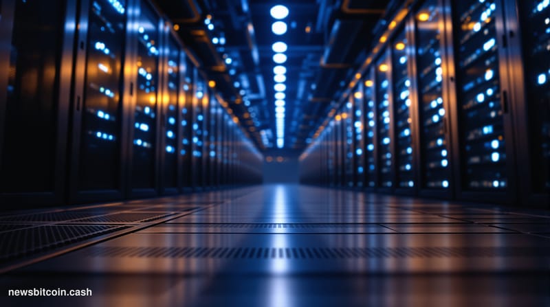 A cinematic photorealistic editorial photograph of a large-scale Bitcoin mining facility interior, shot from a low angle look