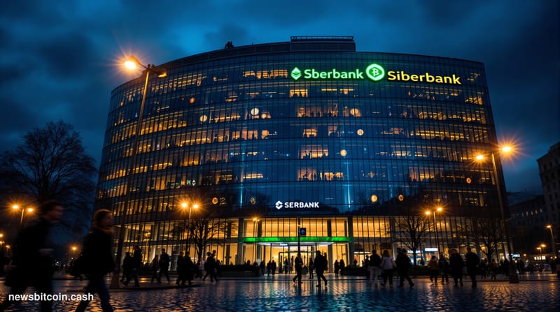 Cinematic photorealistic editorial photograph of Sberbank's iconic green-branded Moscow headquarters at dusk, the distinctive