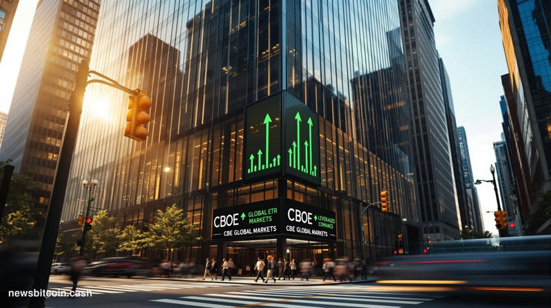 A cinematic photorealistic editorial photograph of the Cboe Global Markets headquarters building in Chicago's financial distr