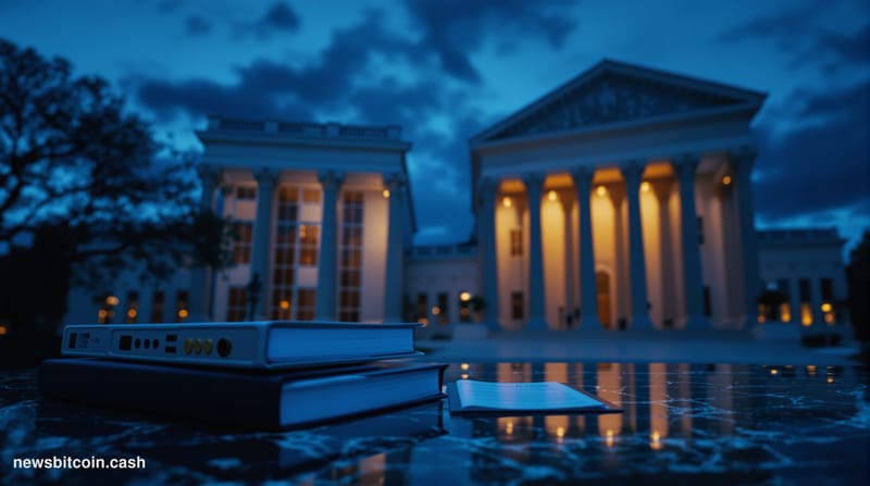 Cinematic photorealistic editorial photograph of the SEC headquarters building in Washington D.C. — the iconic neoclassical f