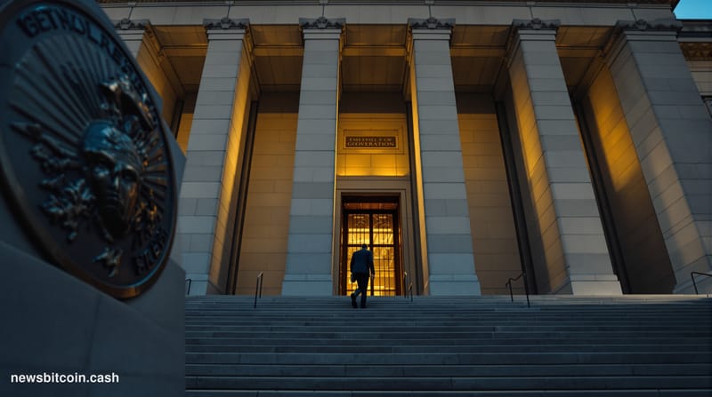 A cinematic photorealistic editorial photograph of the SEC headquarters building in Washington D.C. — the brutalist stone fac