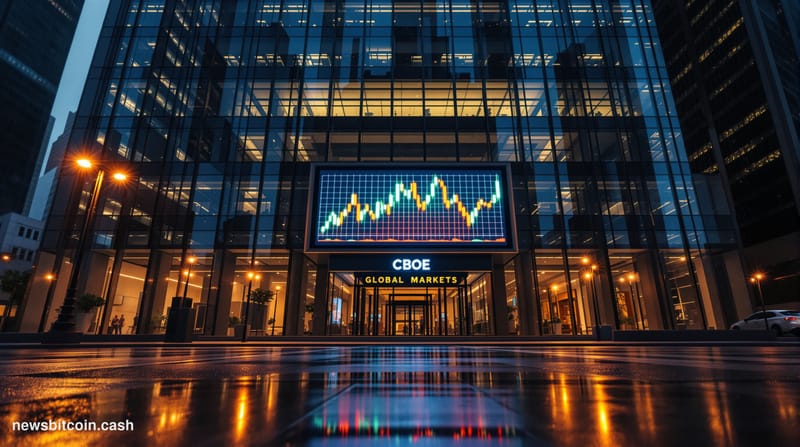 Cinematic photorealistic editorial photograph of the Cboe Global Markets headquarters building in Chicago's financial distric