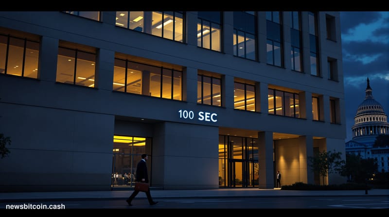 Cinematic photorealistic editorial photograph of the SEC headquarters building in Washington D.C. — the distinctive brutalist