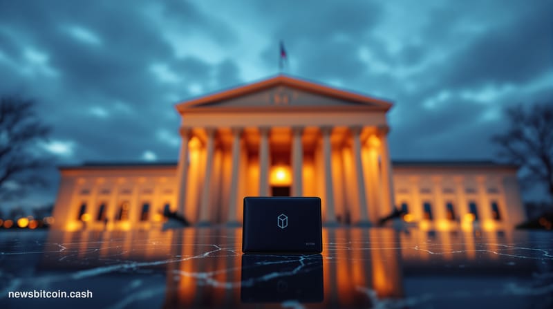 A cinematic photorealistic editorial photograph of the SEC headquarters building in Washington D.C., shot from a low angle at
