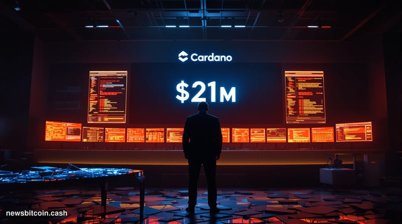 A cinematic photorealistic editorial photograph set inside a dimly lit, modern digital wallet company office in disarray — mo