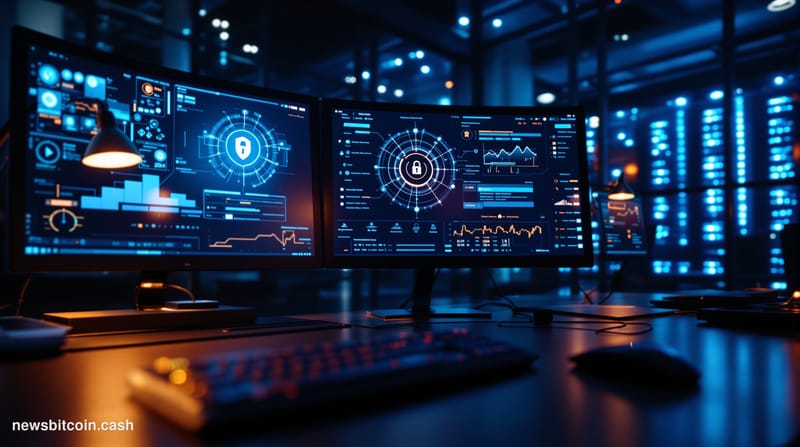 Cinematic photorealistic editorial photograph of a dimly lit advanced cybersecurity operations center with multiple curved mo