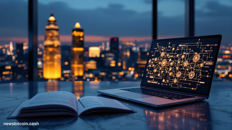 Cinematic photorealistic editorial photograph of the Tokyo financial district skyline at dusk, with the distinctive glass tow