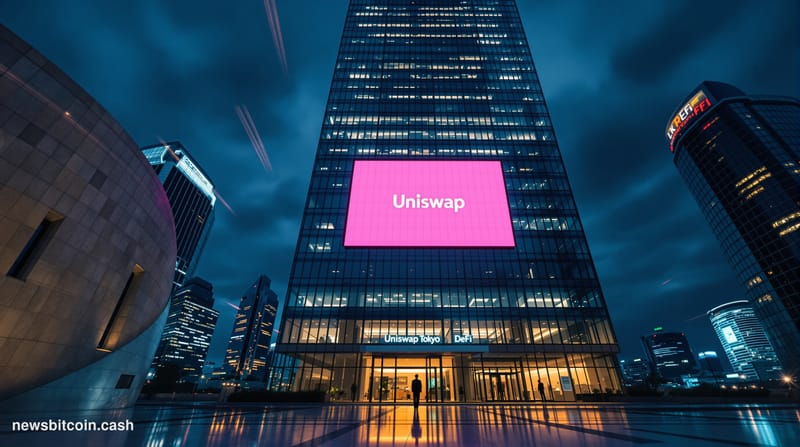 Cinematic photorealistic editorial photograph of the Tokyo financial district at dusk, with the illuminated glass facade of a