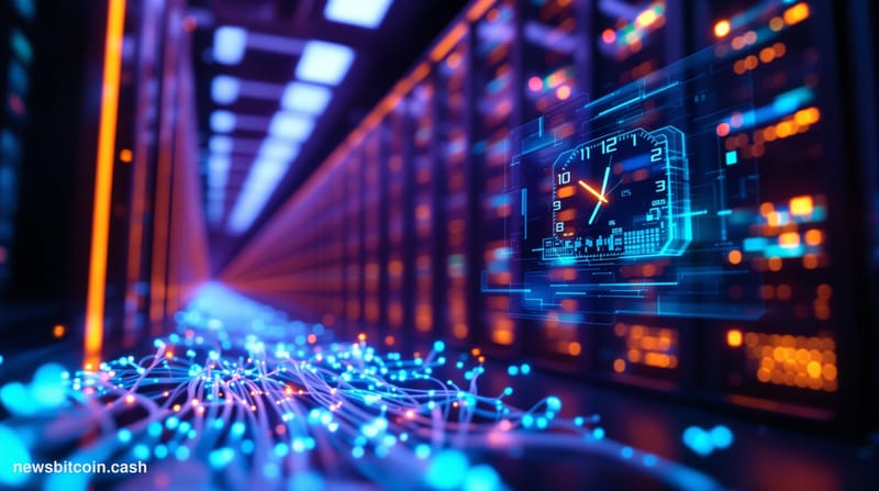 Cinematic photorealistic editorial photograph of a sleek, futuristic server infrastructure environment bathed in deep violet 