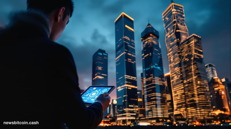 Cinematic photorealistic editorial photograph of Seoul's Yeouido financial district skyline at dusk, the iconic glass towers 