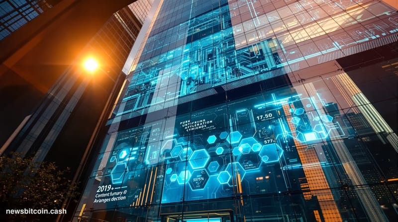 A cinematic photorealistic editorial photograph shot from a low angle looking up at the imposing glass and steel facade of a 
