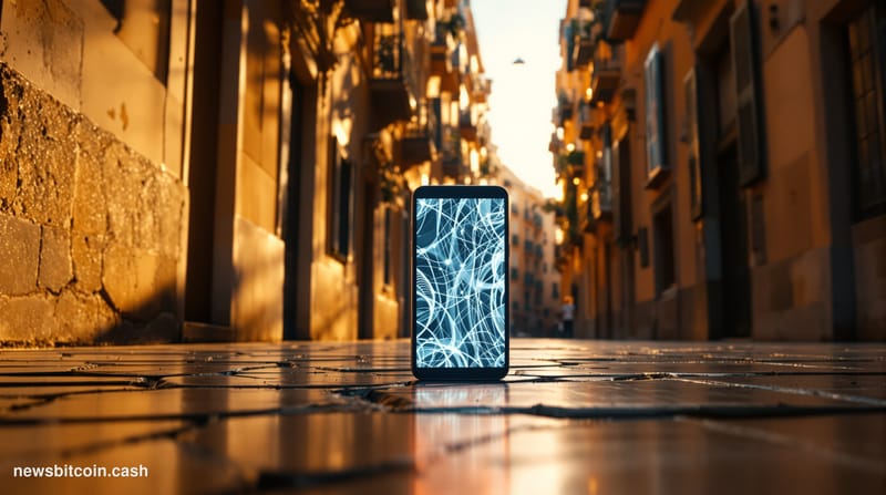 A cinematic photorealistic editorial photograph shot at golden hour on a narrow Barcelona street in the Gothic Quarter, with 