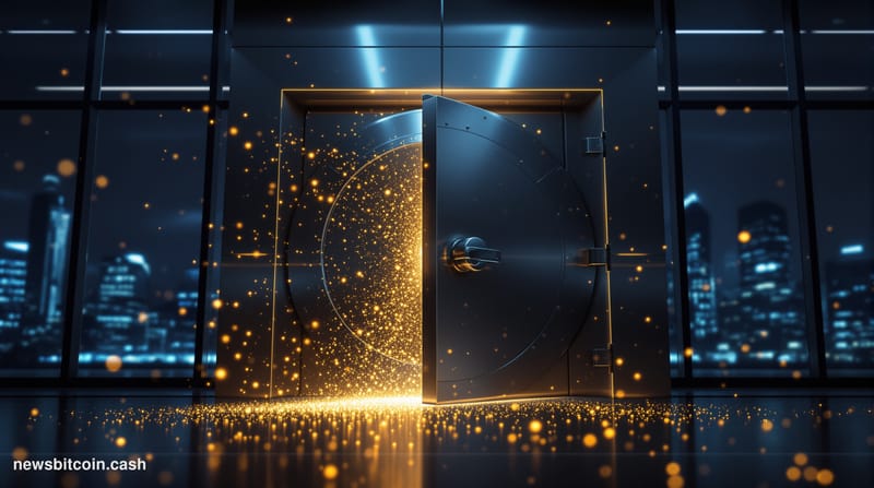 Cinematic photorealistic editorial photograph of a modern bank vault door slightly ajar, with streams of glowing golden digit