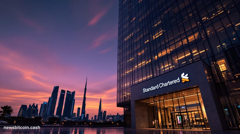 Cinematic photorealistic editorial photograph of the Standard Chartered bank's Dubai branch exterior at dusk, the sleek glass