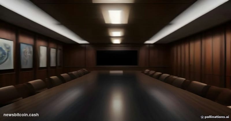 A cinematic photorealistic editorial photograph of a dramatic corporate boardroom interior at night, bathed in cool blue ambi