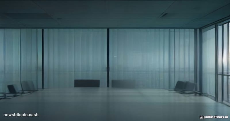 A cinematic photorealistic editorial photograph of a corporate boardroom interior in cool blue-grey tones, viewed through flo