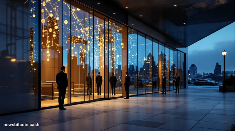 Cinematic photorealistic editorial photograph of a modern San Francisco financial technology office exterior at dusk, with wa