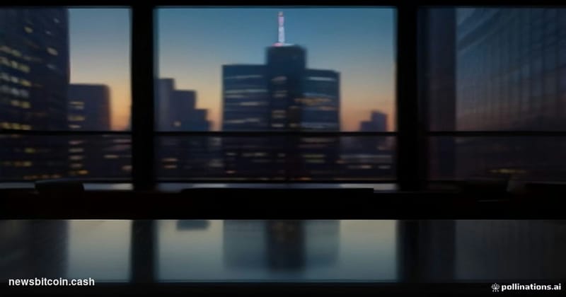 Cinematic photorealistic editorial photograph of a sleek glass-and-steel financial district office tower at dusk, shot from a