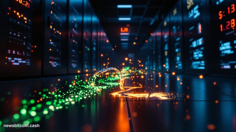Cinematic photorealistic editorial photograph of a dark, dramatically lit server infrastructure corridor representing a compr