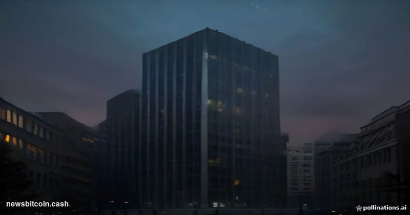 Cinematic photorealistic editorial photograph of Stockholm's financial district at dusk, with the Riksbank building facade pr