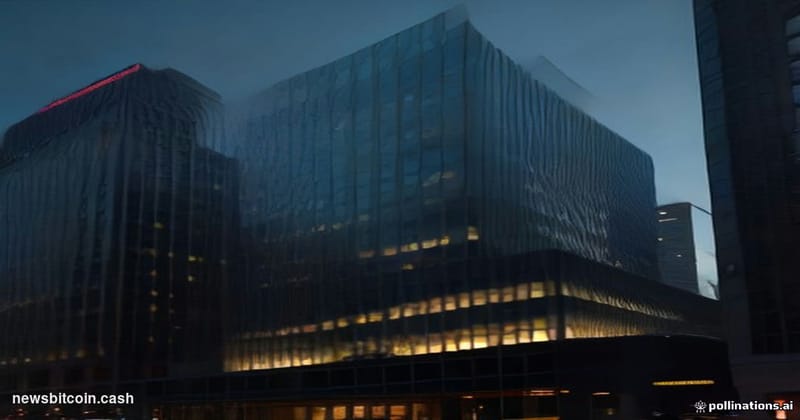 Cinematic photorealistic editorial photograph of T. Rowe Price's Baltimore, Maryland corporate headquarters at dusk, shot fro
