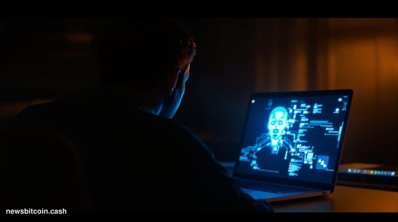 Cinematic photorealistic editorial photograph of a person sitting alone at a dimly lit desk, staring intently at a laptop scr