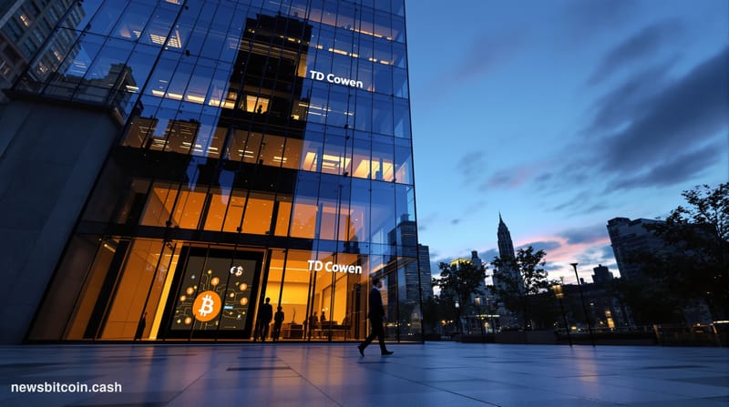 Cinematic photorealistic editorial photograph of the TD Cowen financial firm's New York office exterior at dusk, with warm am