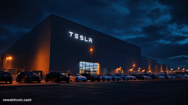 A cinematic photorealistic editorial photograph of Tesla's Fremont, California Gigafactory exterior at dusk, shot from a low 