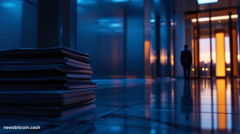 Cinematic photorealistic editorial photograph of a sleek Washington D.C. government corridor at dusk, marble floors gleaming 