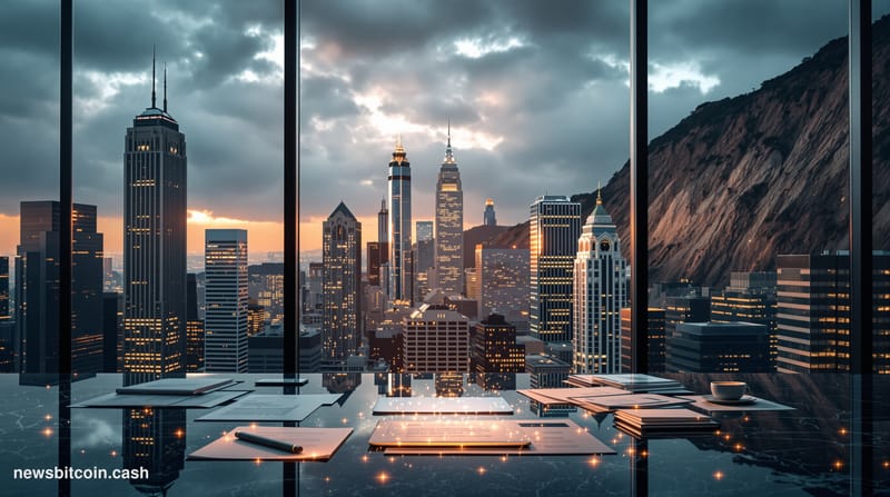 Cinematic photorealistic editorial photograph of three iconic American financial district skylines stitched together in a dra