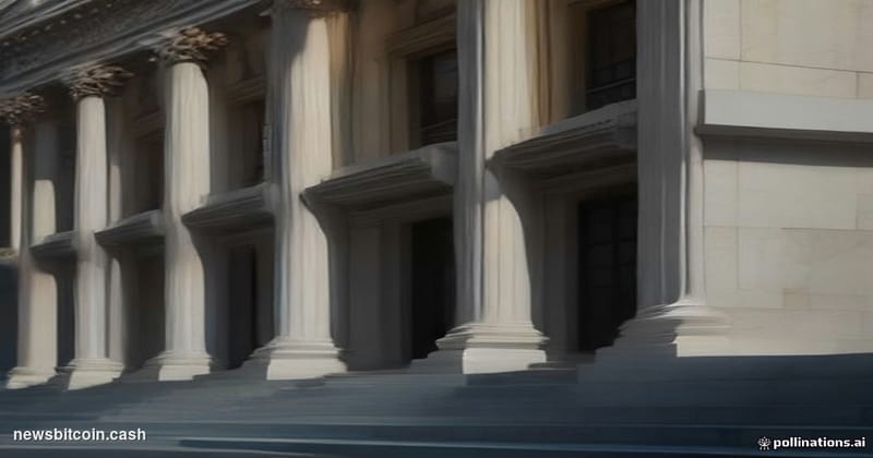 Cinematic photorealistic editorial photograph of the SEC headquarters building in Washington D.C. — the neoclassical facade o