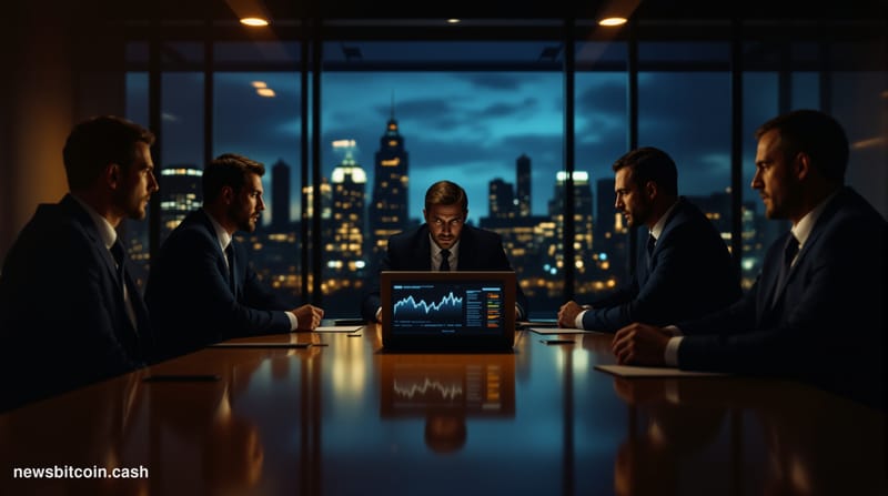 A cinematic photorealistic editorial photograph showing a modern glass-walled conference room during a tense boardroom meetin
