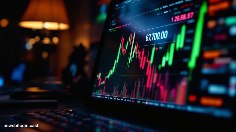 A cinematic photorealistic editorial photograph of Bitcoin trading screens displaying red candlestick charts showing the pric