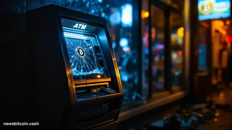 A cinematic photorealistic editorial photograph of a Bitcoin ATM kiosk in an empty convenience store or gas station, dramatic