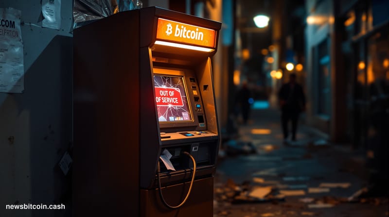A cinematic photorealistic editorial photograph of a Bitcoin ATM kiosk in an empty convenience store or gas station, dramatic