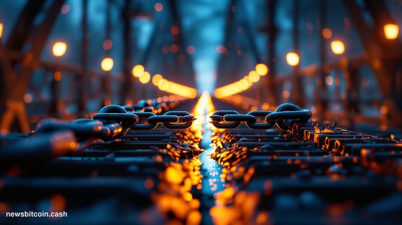 A cinematic photorealistic editorial photograph of a damaged or partially collapsed modern bridge spanning across a dark chas