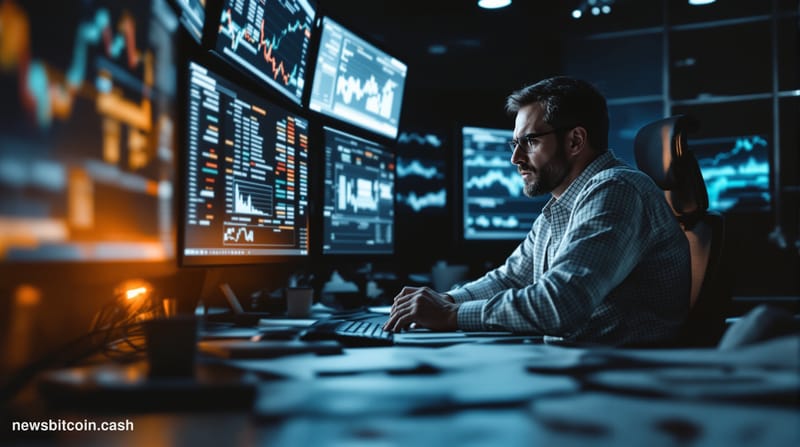 A cinematic photorealistic editorial photograph showcasing the intersection of traditional finance and cryptocurrency regulat