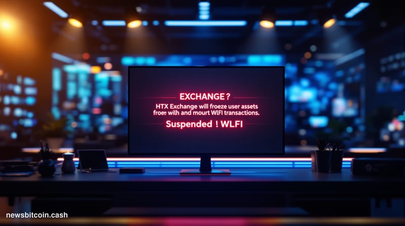 A cinematic photorealistic editorial photograph showing a modern cryptocurrency exchange trading floor in crisis mode, with m