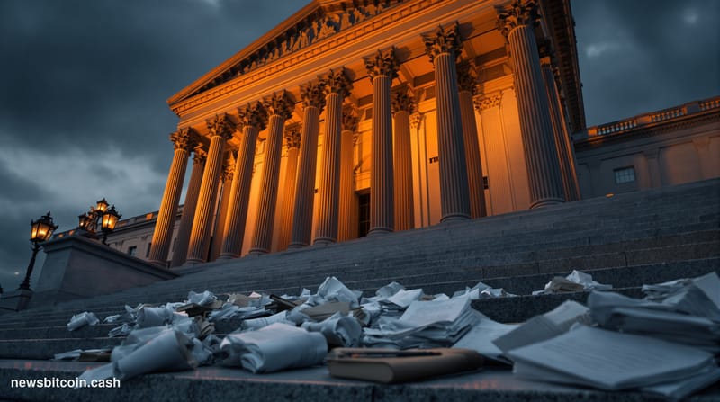 A cinematic photorealistic editorial photograph of the U.S. Department of the Treasury building in Washington D.C., shot at d