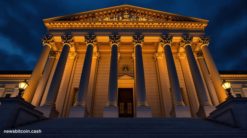 A cinematic photorealistic editorial photograph of the U.S. Department of the Treasury building in Washington D.C., shot from