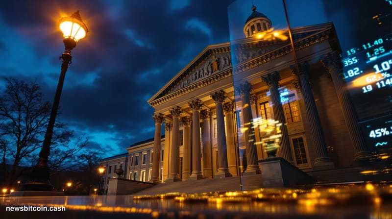 Cinematic photorealistic editorial photograph of the U.S. Treasury Department building in Washington D.C. at dusk, shot from 