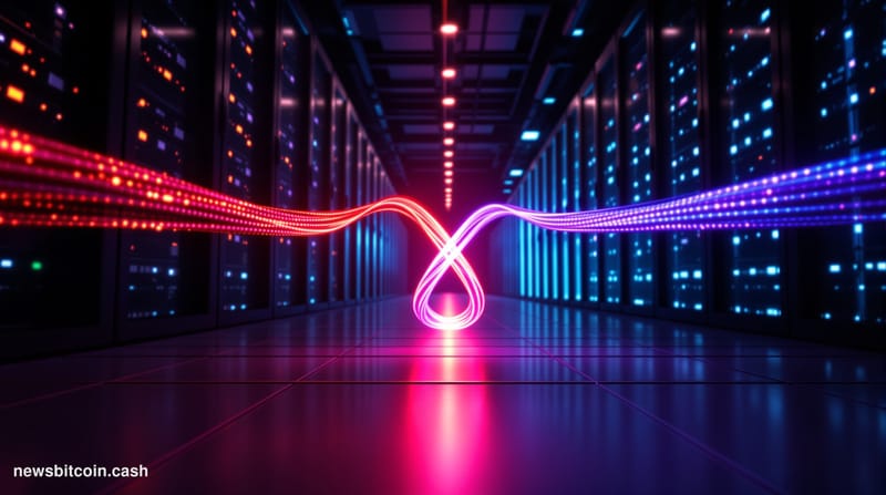 Cinematic photorealistic editorial photograph of a dramatic underground data center corridor, split down the center by two gl