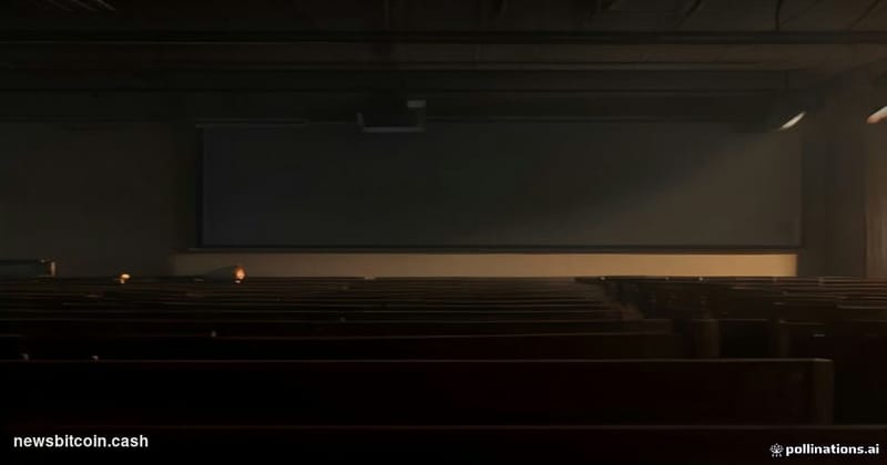 A cinematic photorealistic editorial photograph set in a dimly lit university lecture hall, shot from a low angle looking tow