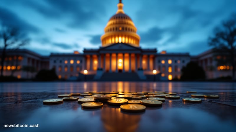 A cinematic photorealistic editorial photograph taken from a low angle looking up at the U.S. Capitol building at dusk, drama