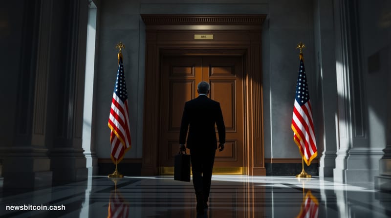Cinematic photorealistic editorial photograph of a grand federal government corridor in Washington D.C., shot from a low angl