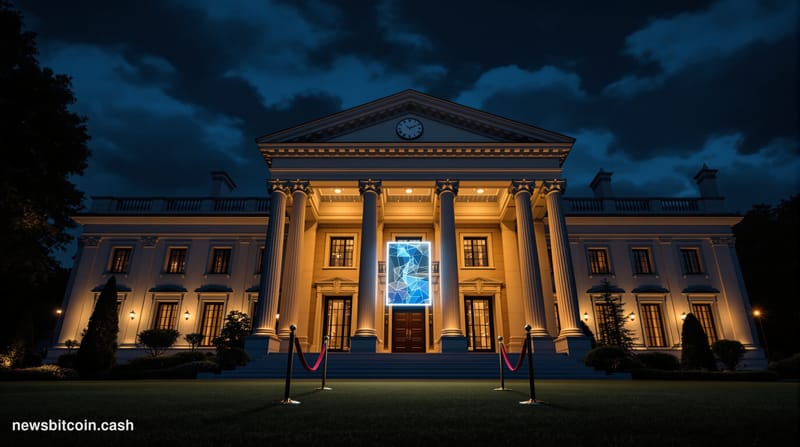 Cinematic photorealistic editorial photograph of Trump National Golf Club's Washington D.C. venue exterior at dusk, dramatic 